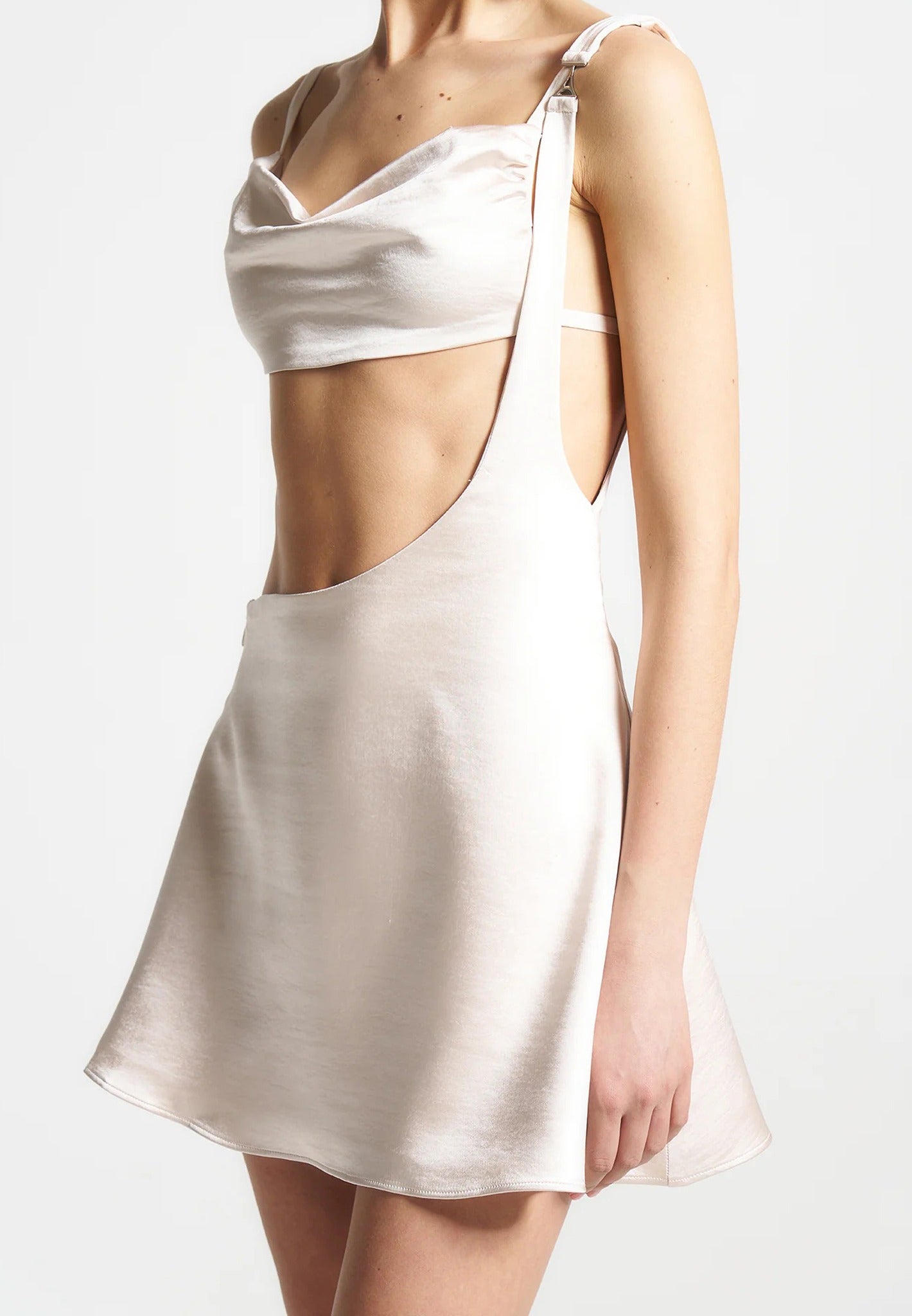 Satin Bralette Fluted Mini Dress - Pearl