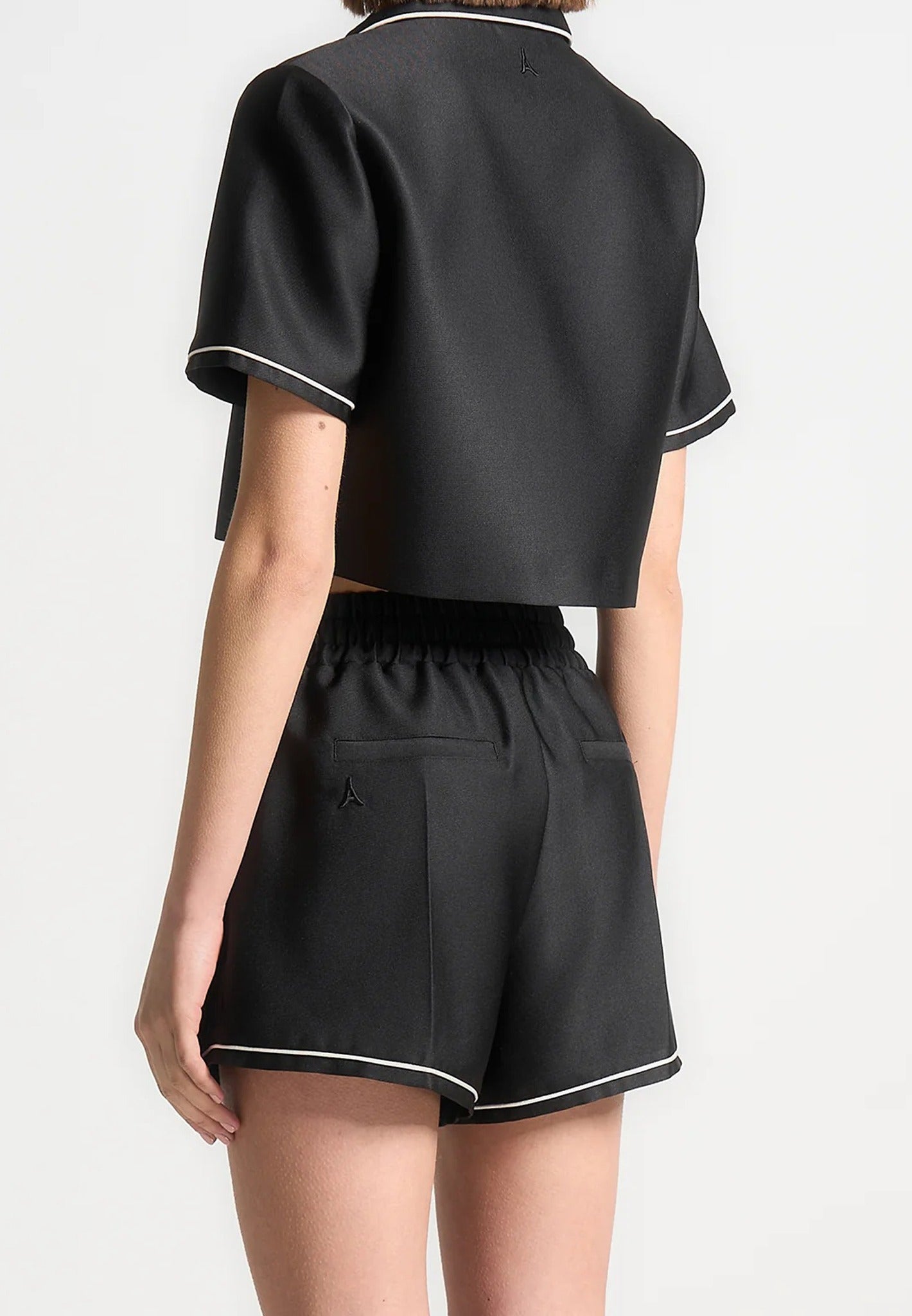 Satin Cropped Shirt with Piping - Black