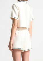 Satin Cropped Shirt with Piping - Cream