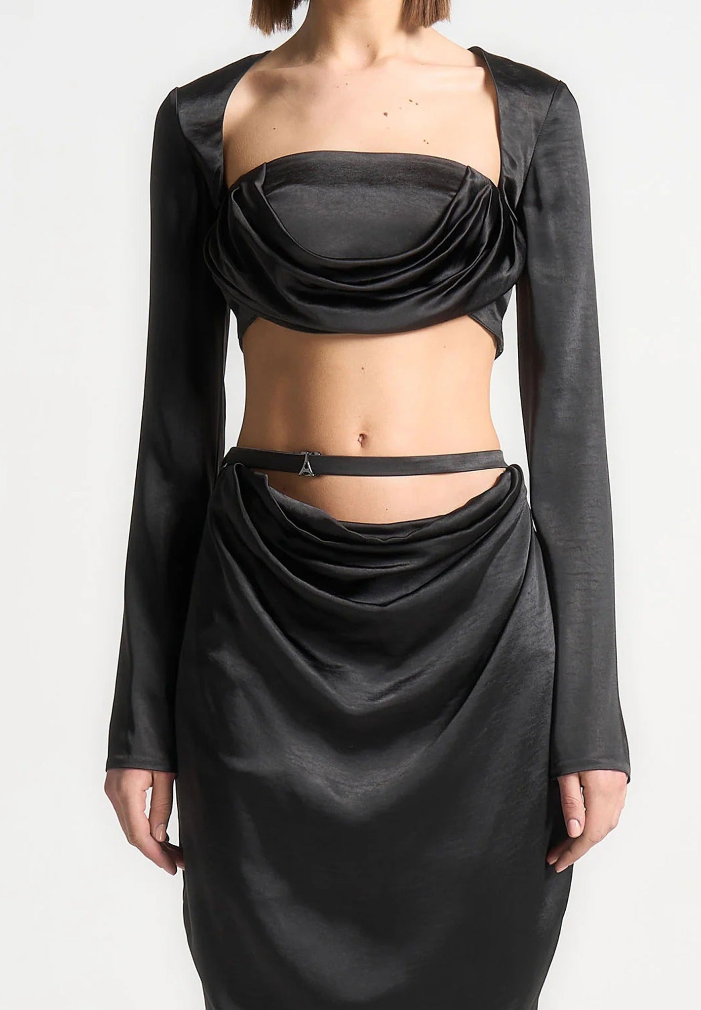 Satin Drape Bandeau Bolero Top - Black