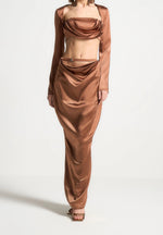 Satin Drape Belted Maxi Skirt - Bronze