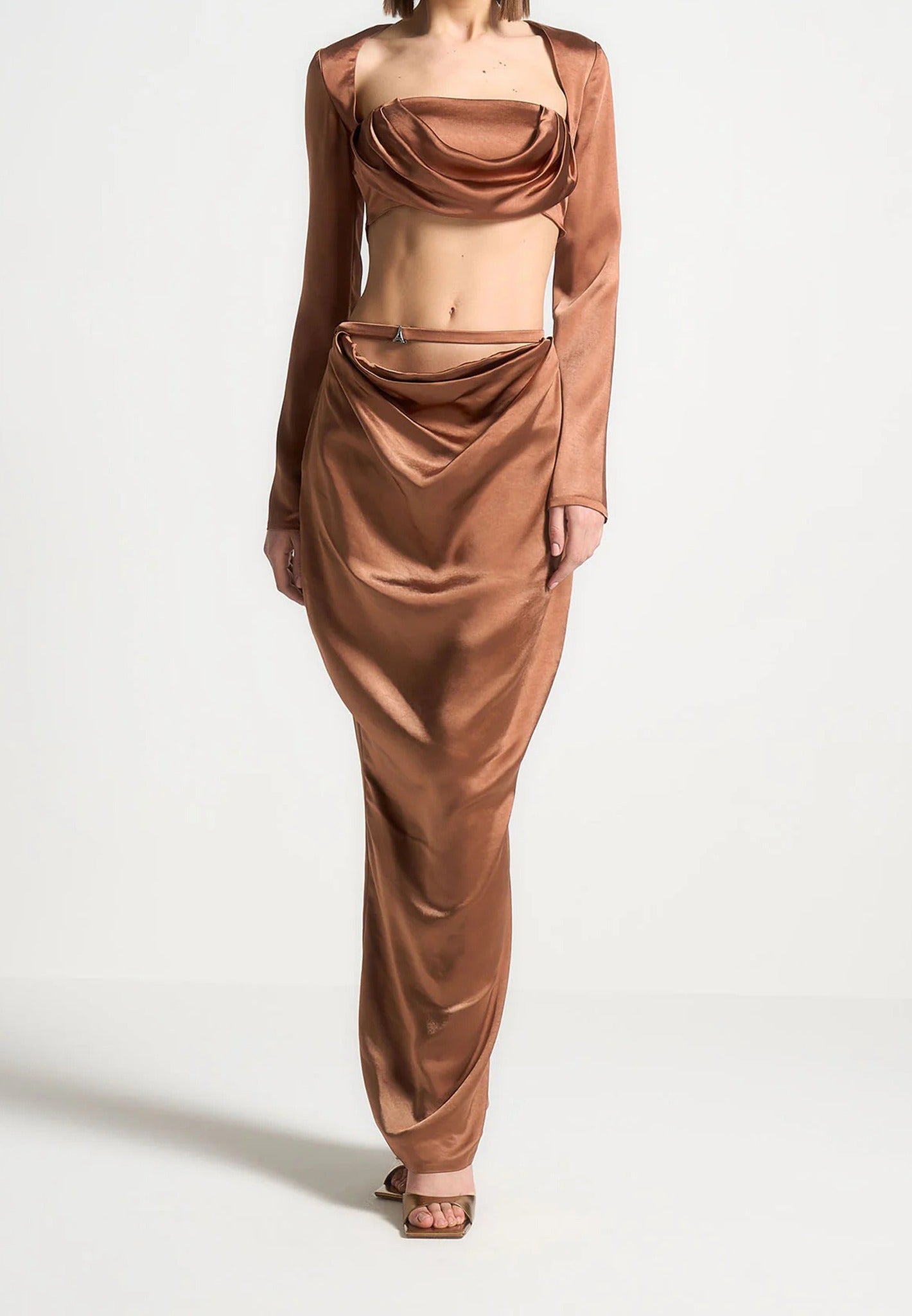 Satin Drape Belted Maxi Skirt - Bronze