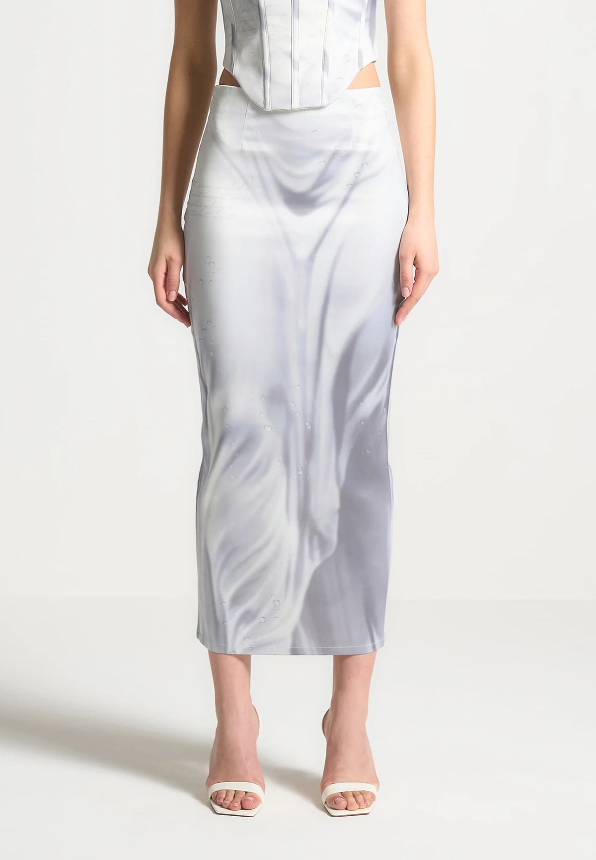 Satin Renaissance Body Print Midaxi Skirt - Off White