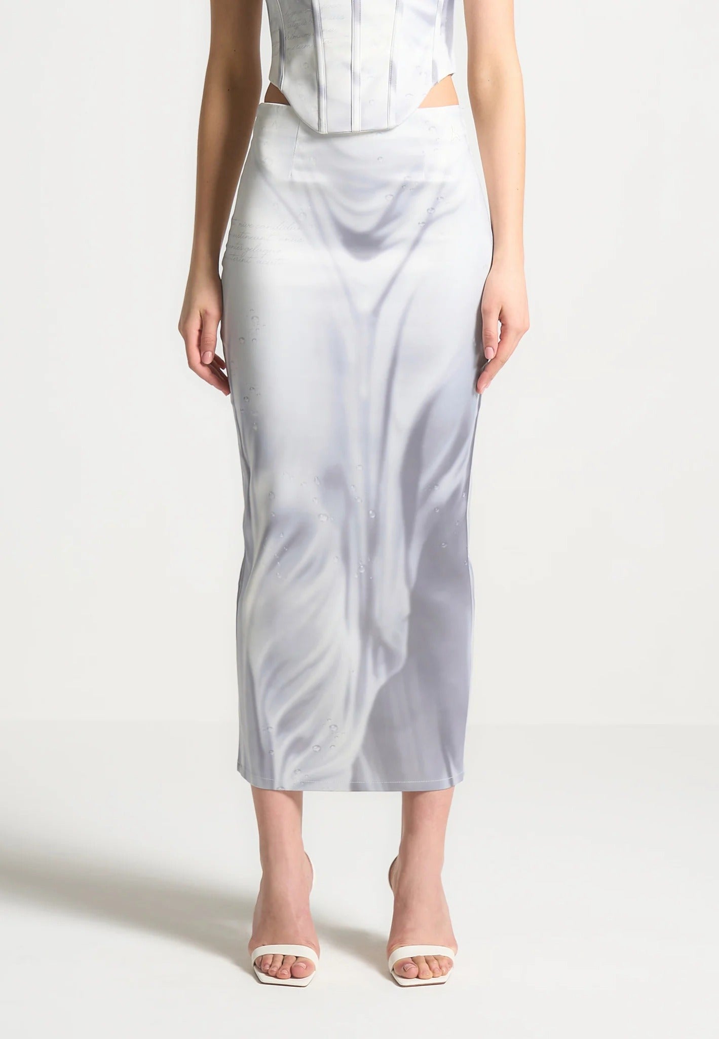 Satin Renaissance Body Print Midaxi Skirt - Off White