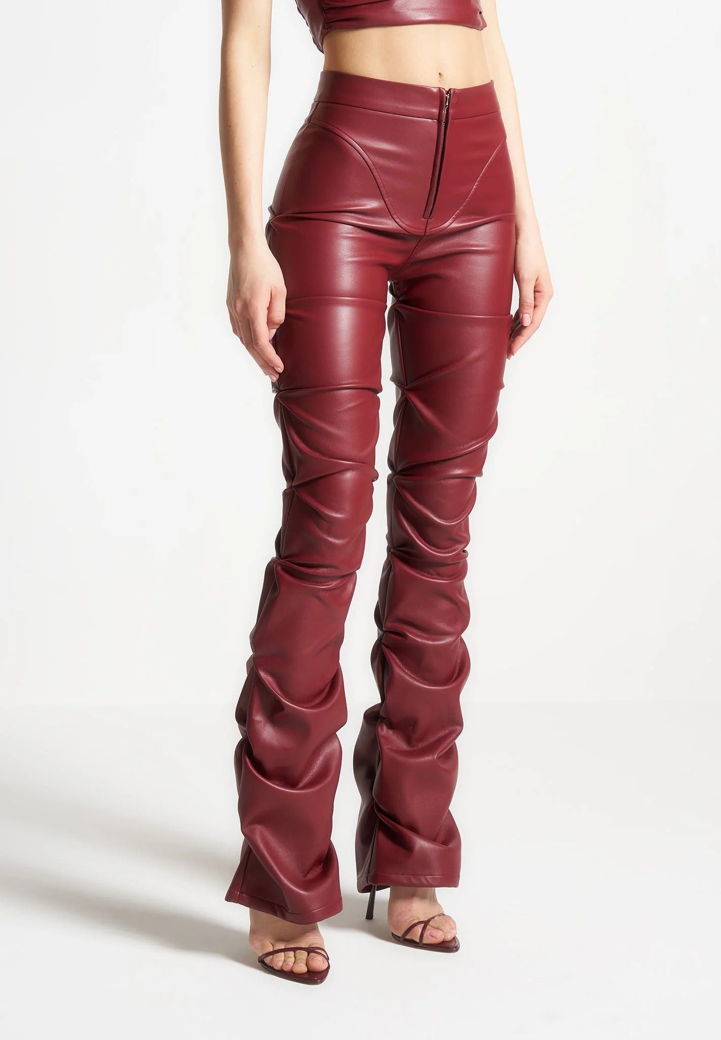 Caroline - Tacked Leather Flared Trousers - Wine Red