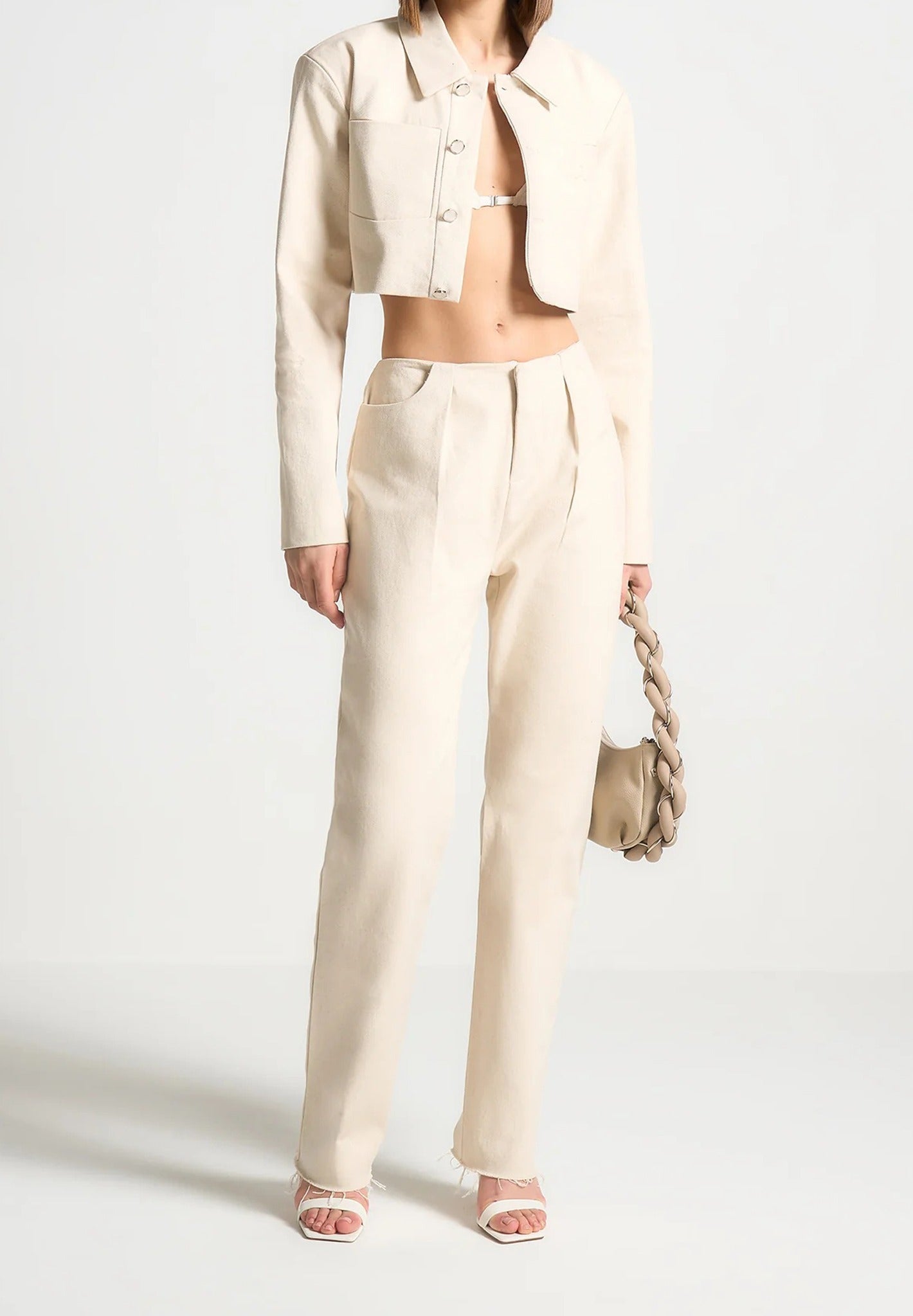 Wide Shoulder Cropped Denim Jacket - Cream