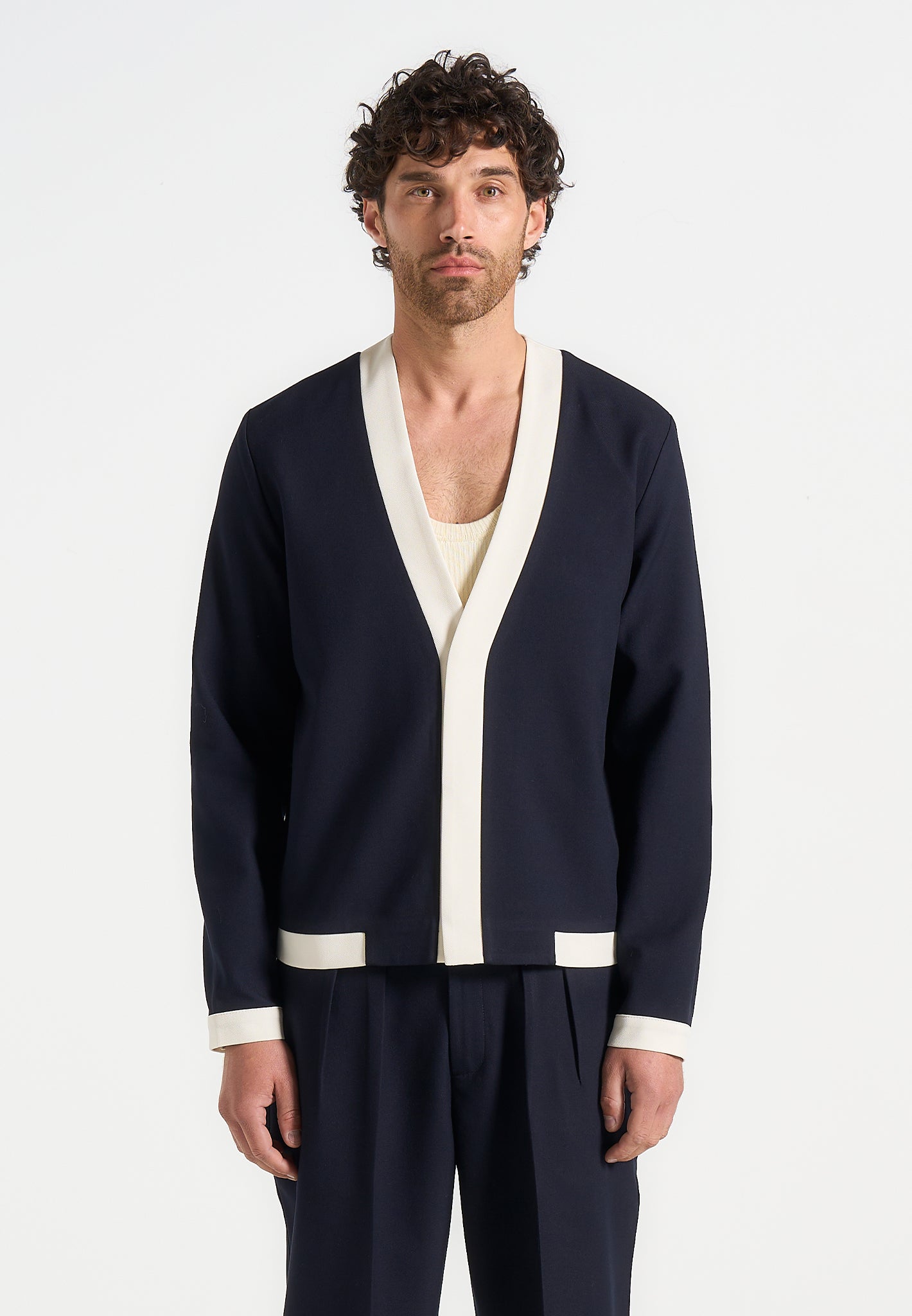 Clovis - Tailored Cardigan With Contrast Placket - Navy/White