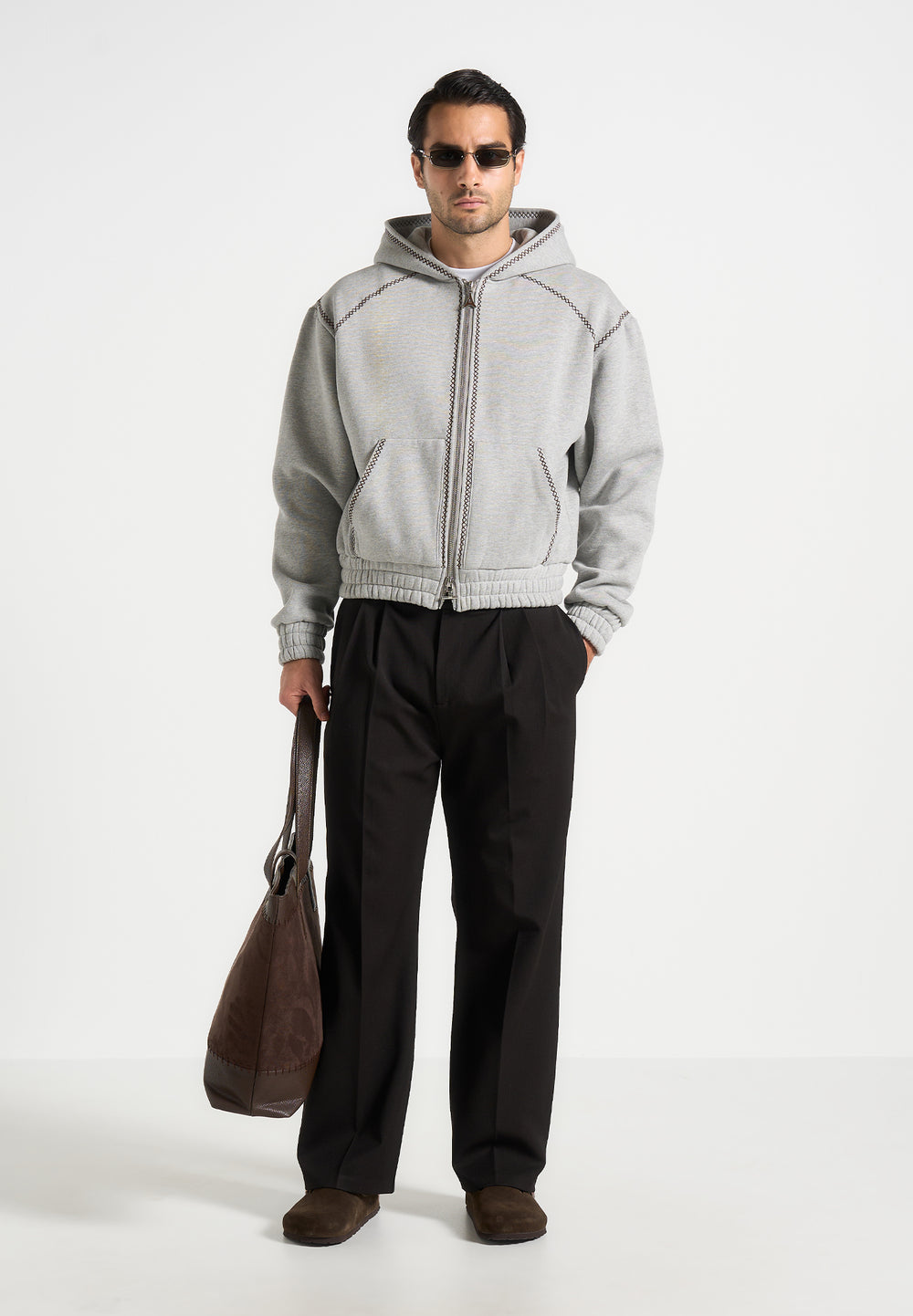 Ivan - Whipstitch Raglan Effect Zip Hoodie - Light Grey