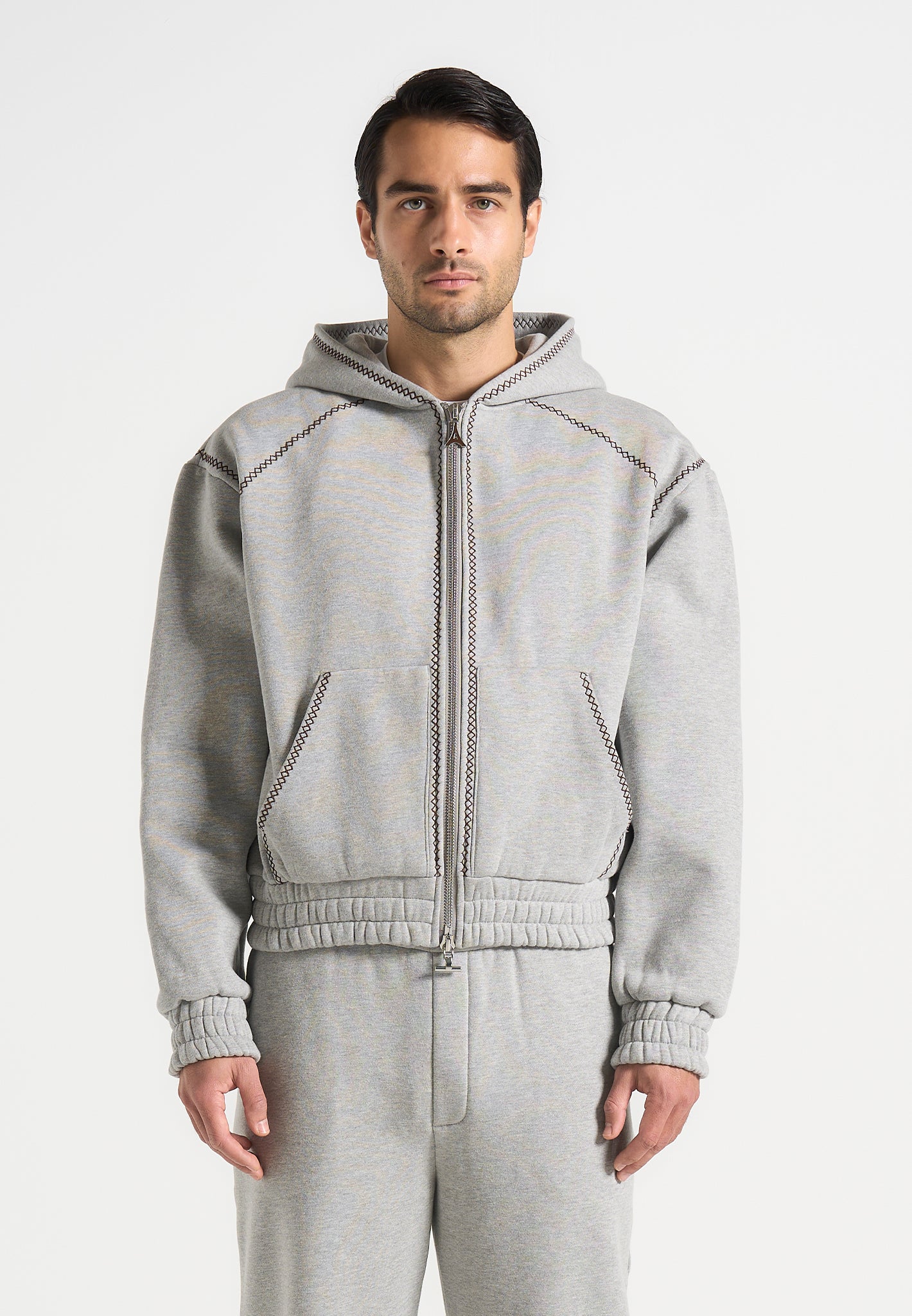 Ivan - Whipstitch Raglan Effect Zip Hoodie - Light Grey
