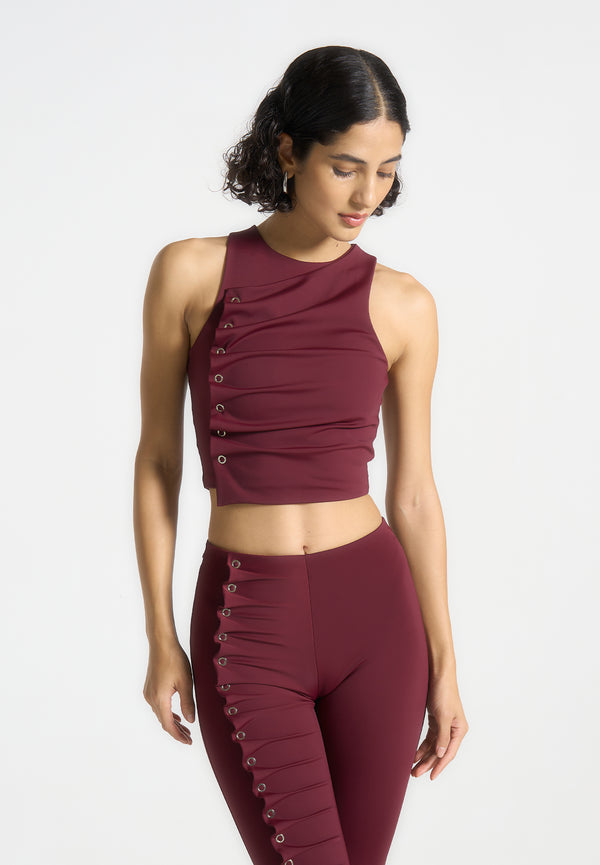 Eyelet Detail Tacked Racer Top  - Wine Red