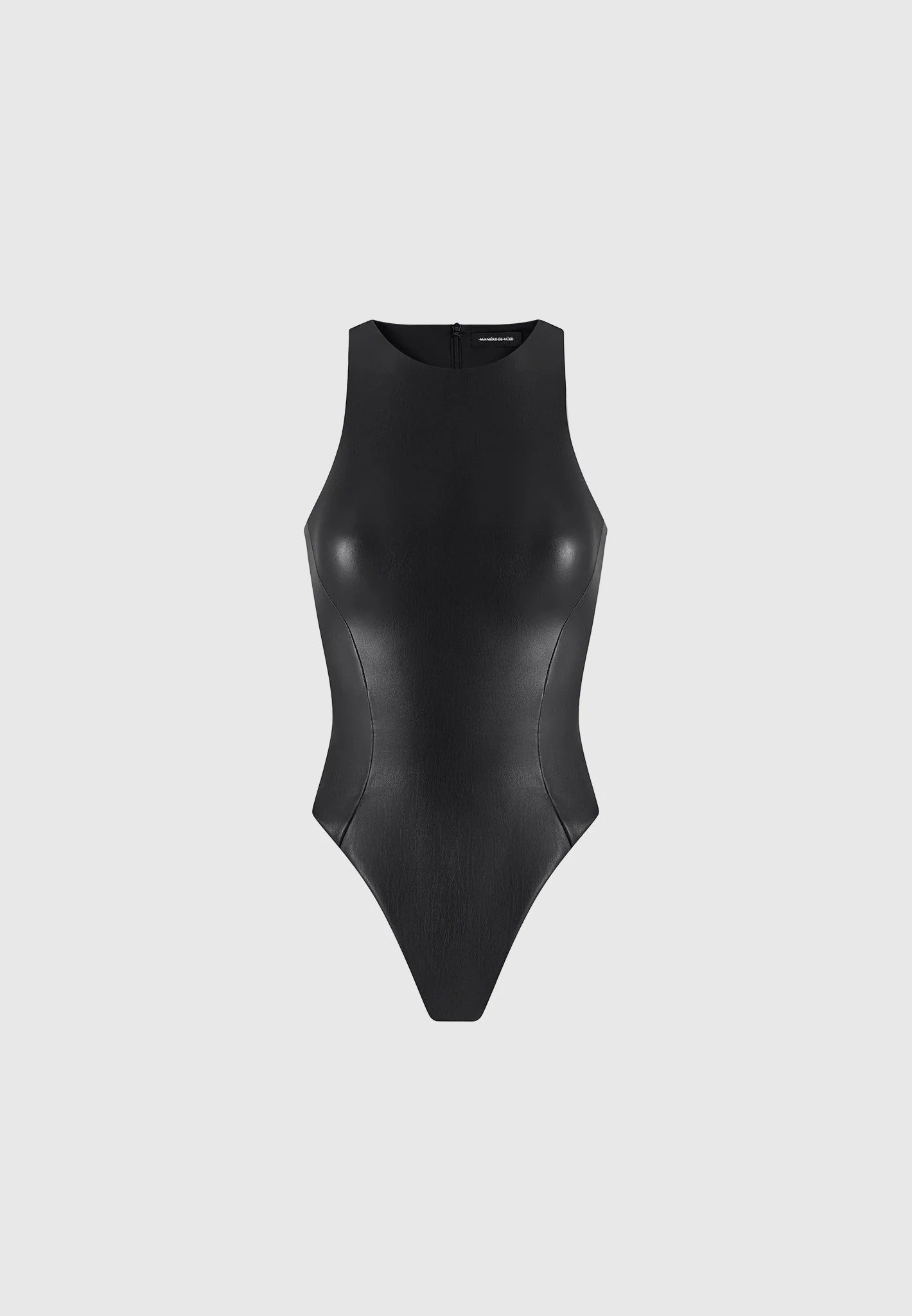 Josie - Leather Racer Neck Bodysuit - Black