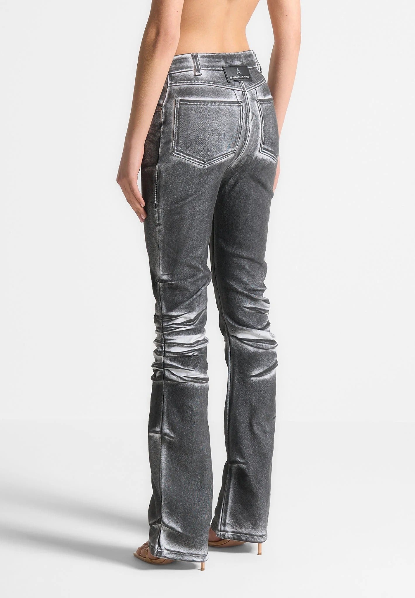 Oil Print Tacked Fit and Flare Jeans - White/Grey
