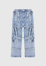 Talia - Denim Strap Cargo Jeans - Mid Blue