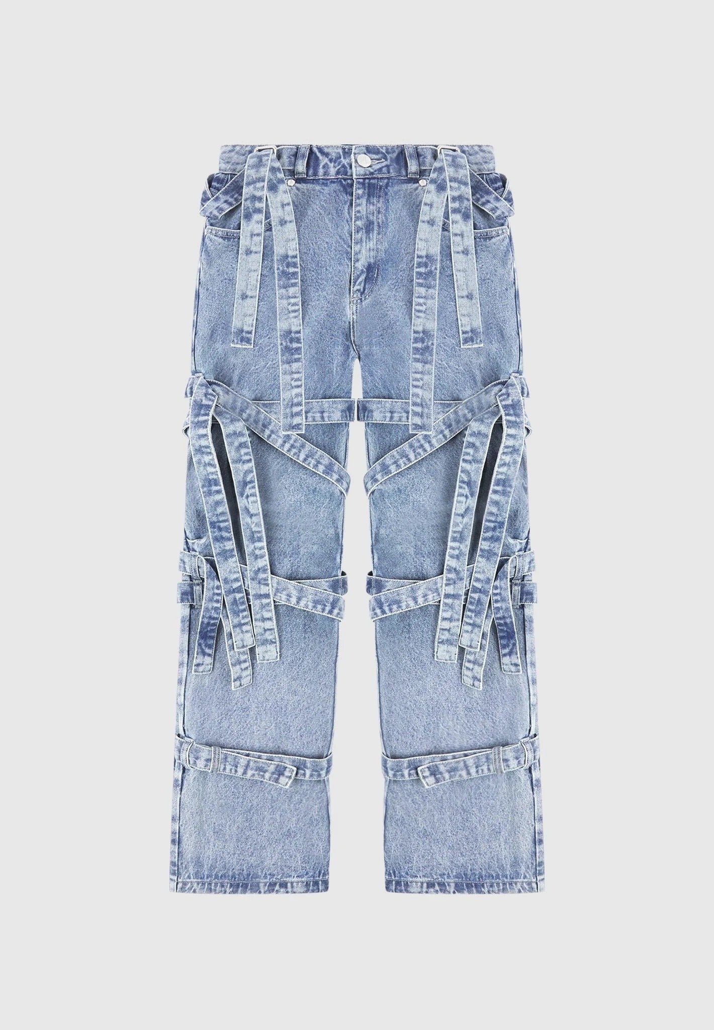 Talia - Denim Strap Cargo Jeans - Mid Blue