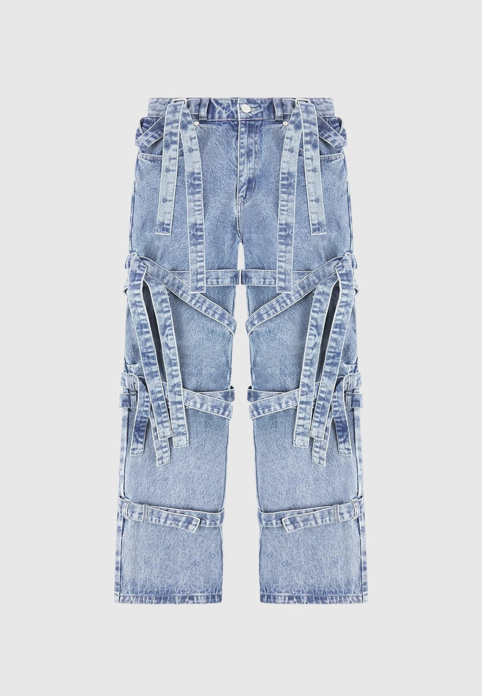 Talia - Denim Strap Cargo Jeans - Mid Blue