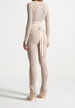 Knitted Two Tone Jumpsuit with Belt - Beige/Taupe