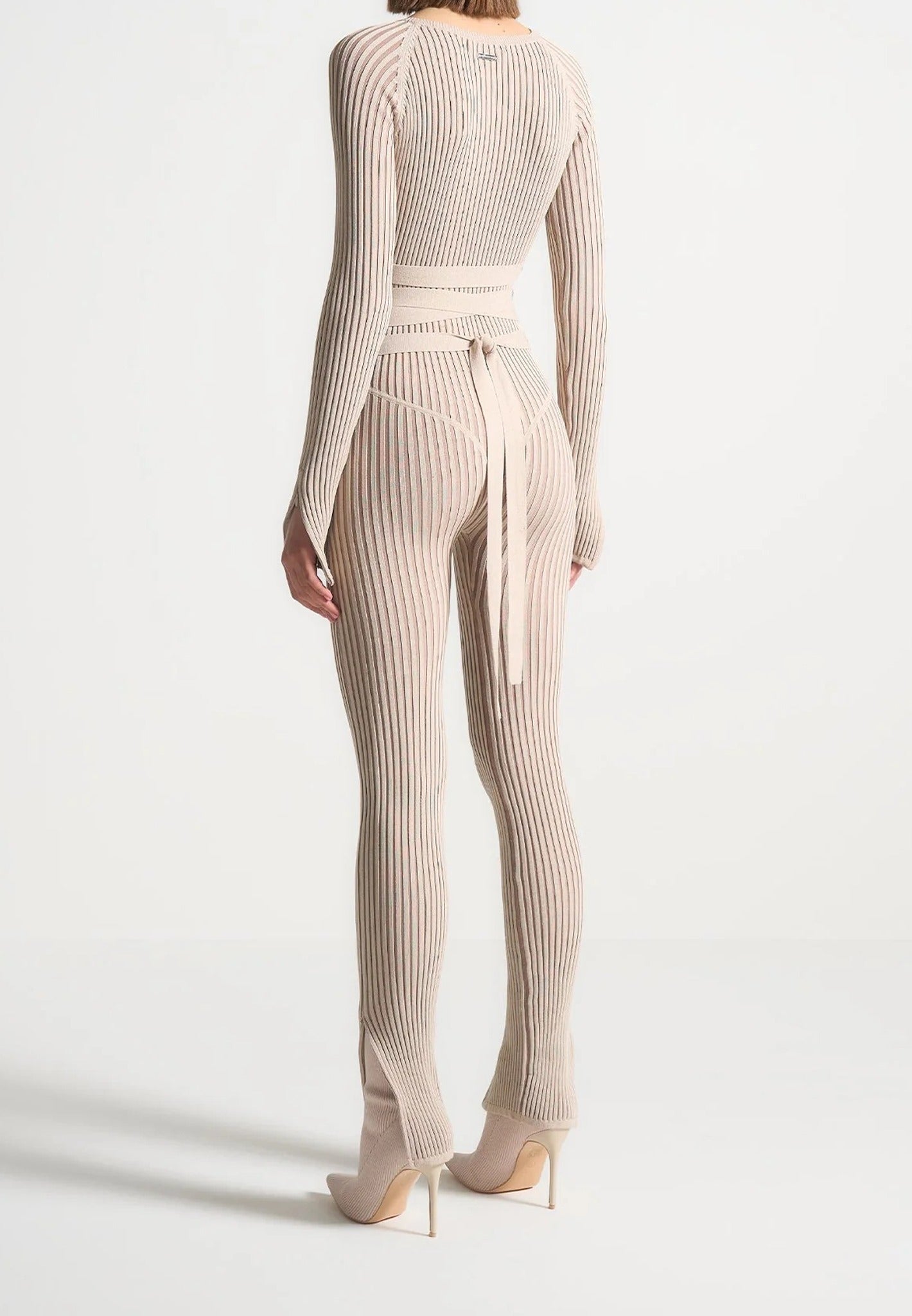 Knitted Two Tone Jumpsuit with Belt - Beige/Taupe