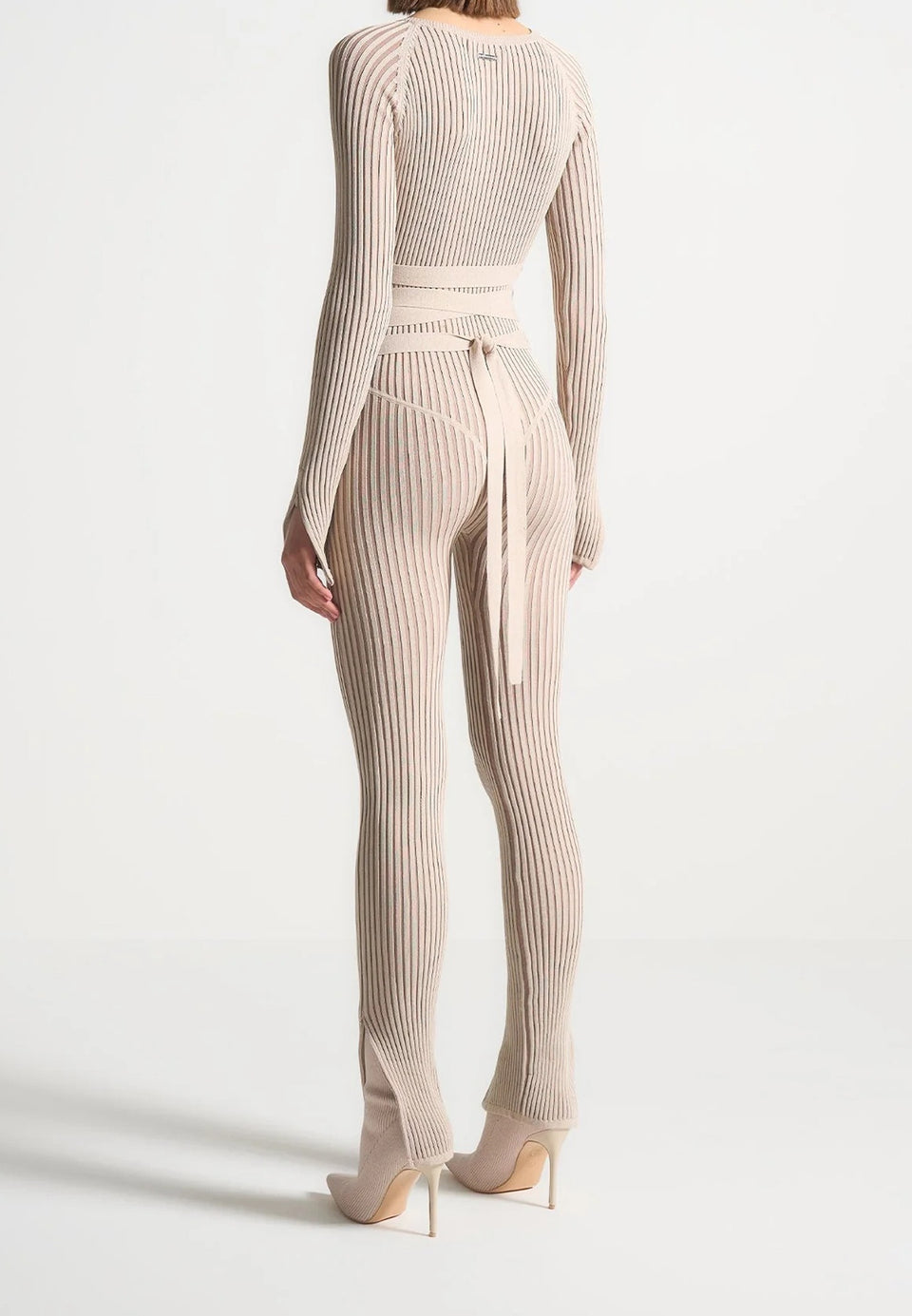 Knitted Two Tone Jumpsuit with Belt - Beige/Taupe