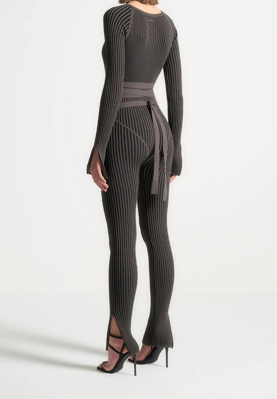 Knitted Two Tone Jumpsuit with Belt - Grey/Black