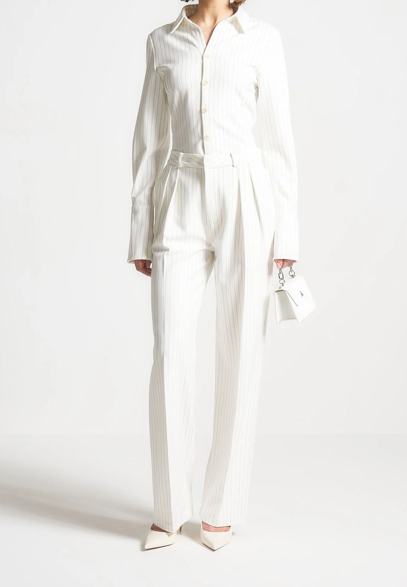 Julie - Pinstripe Twin Pleat Tailored Trousers - White