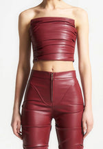 Pleated Bandeau Leather Corset Top - Wine Red