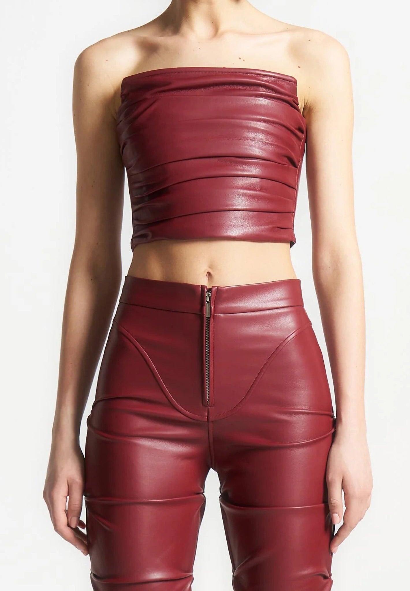 Pleated Bandeau Leather Corset Top - Wine Red