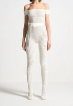 Martine - Pointelle Knit Bardot Jumpsuit with Belt - Cream
