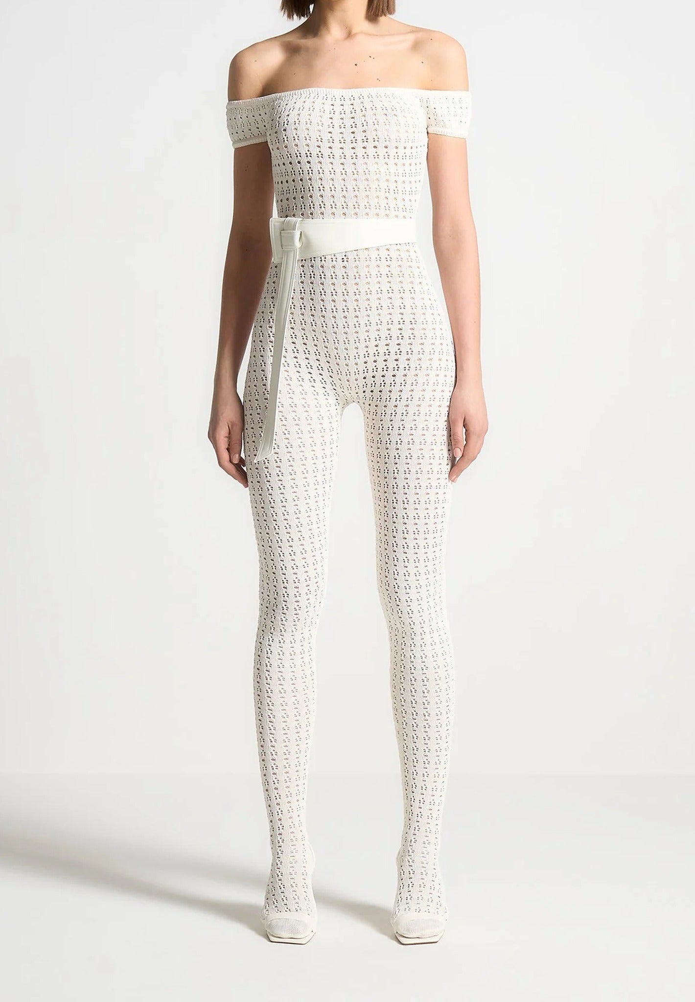 Martine - Pointelle Knit Bardot Jumpsuit with Belt - Cream