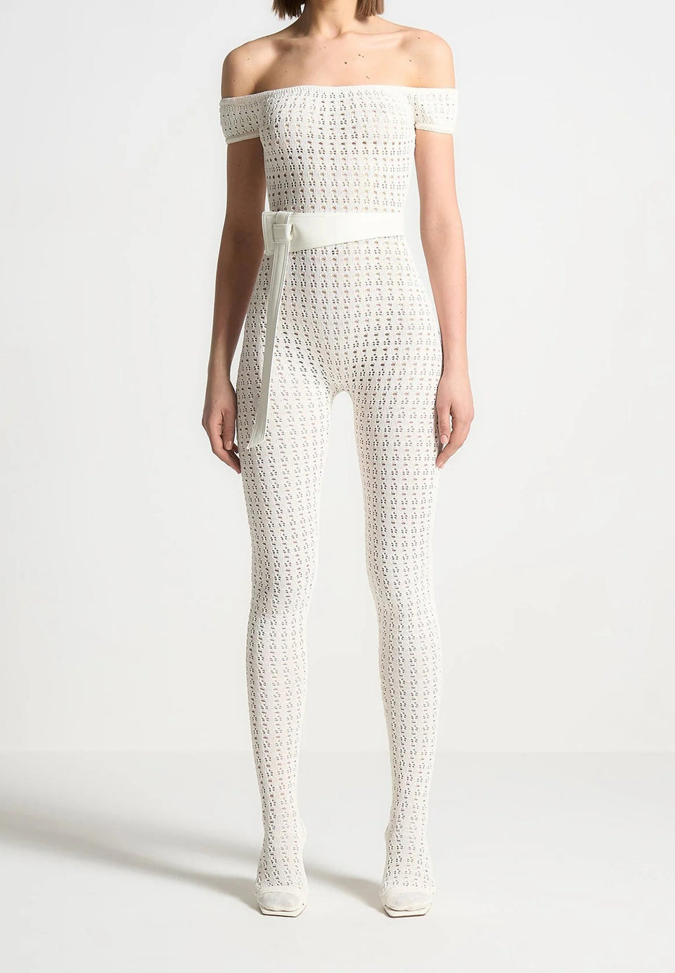 Martine - Pointelle Knit Bardot Jumpsuit with Belt - Cream
