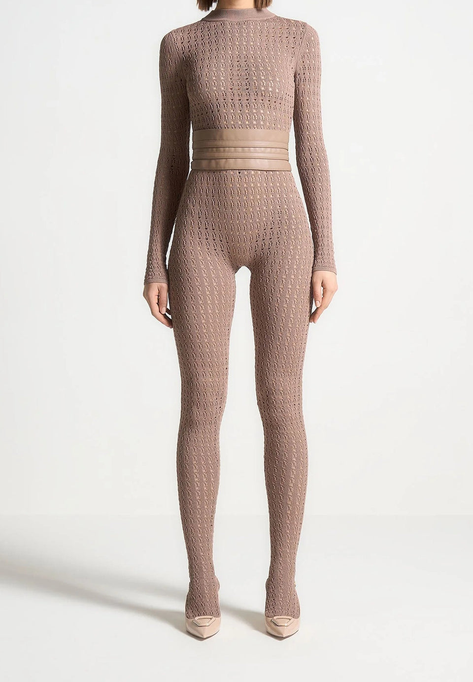 Chantal - Pointelle Knit Long Sleeve Jumpsuit with Belt - Taupe