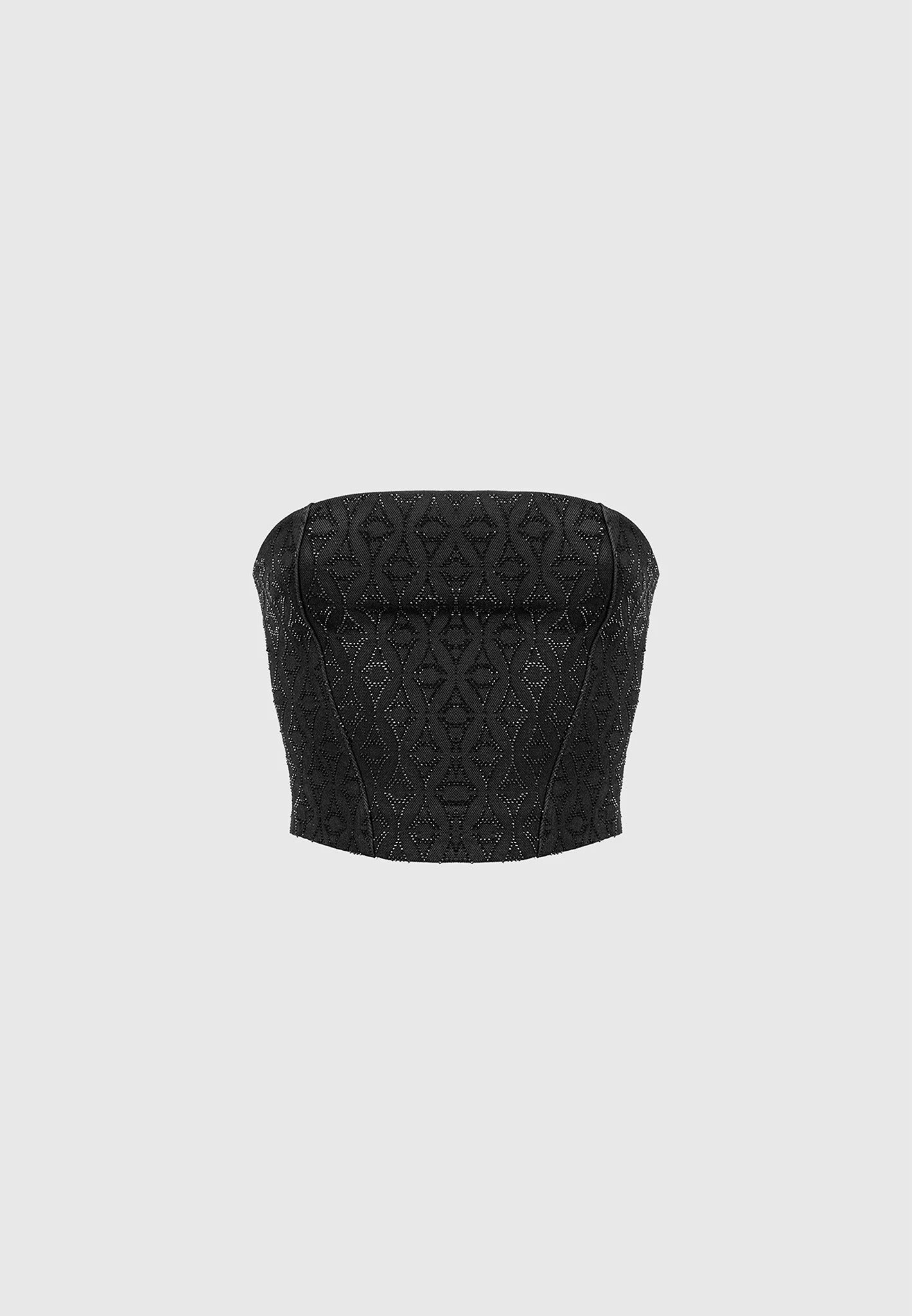 Rhinestone Eiffel Denim Bandeau Corset Top - Black