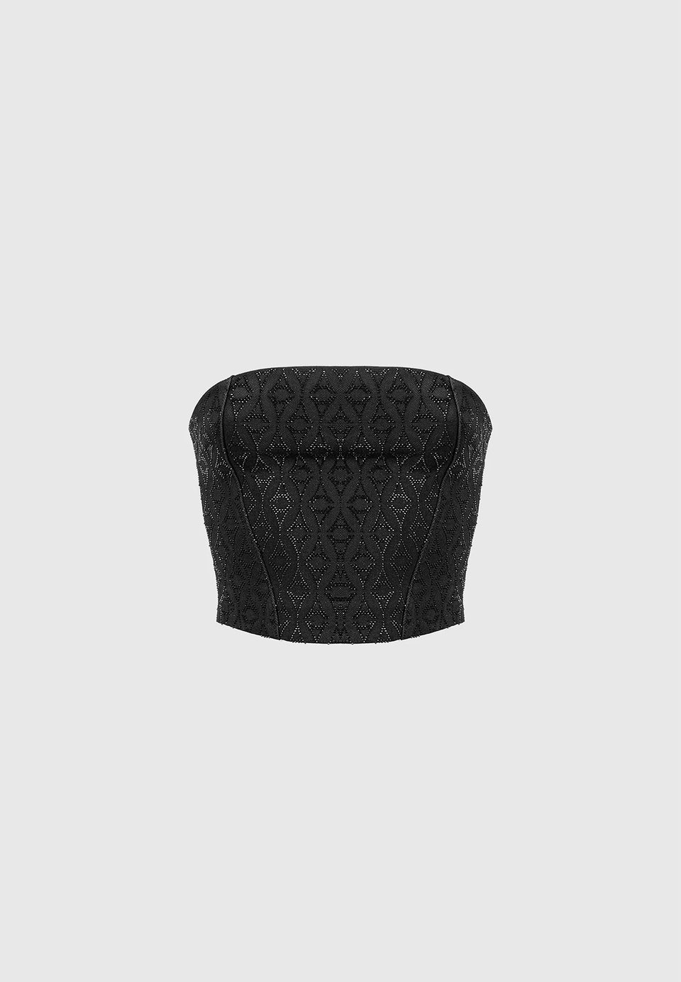 Rhinestone Eiffel Denim Bandeau Corset Top - Black