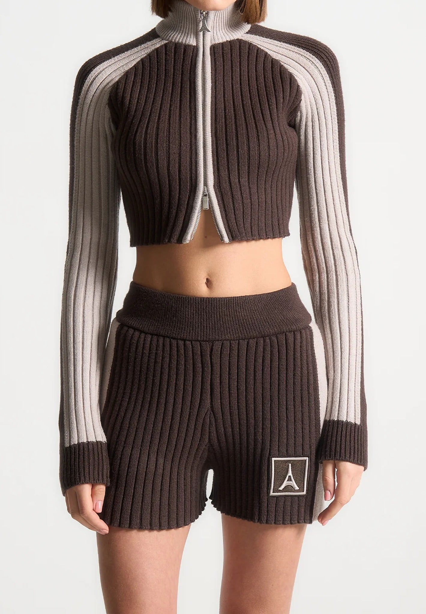 Rib Knit Track Jacket - Brown/Beige