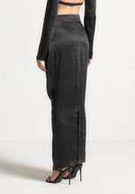 Satin Drape Belted Maxi Skirt - Black