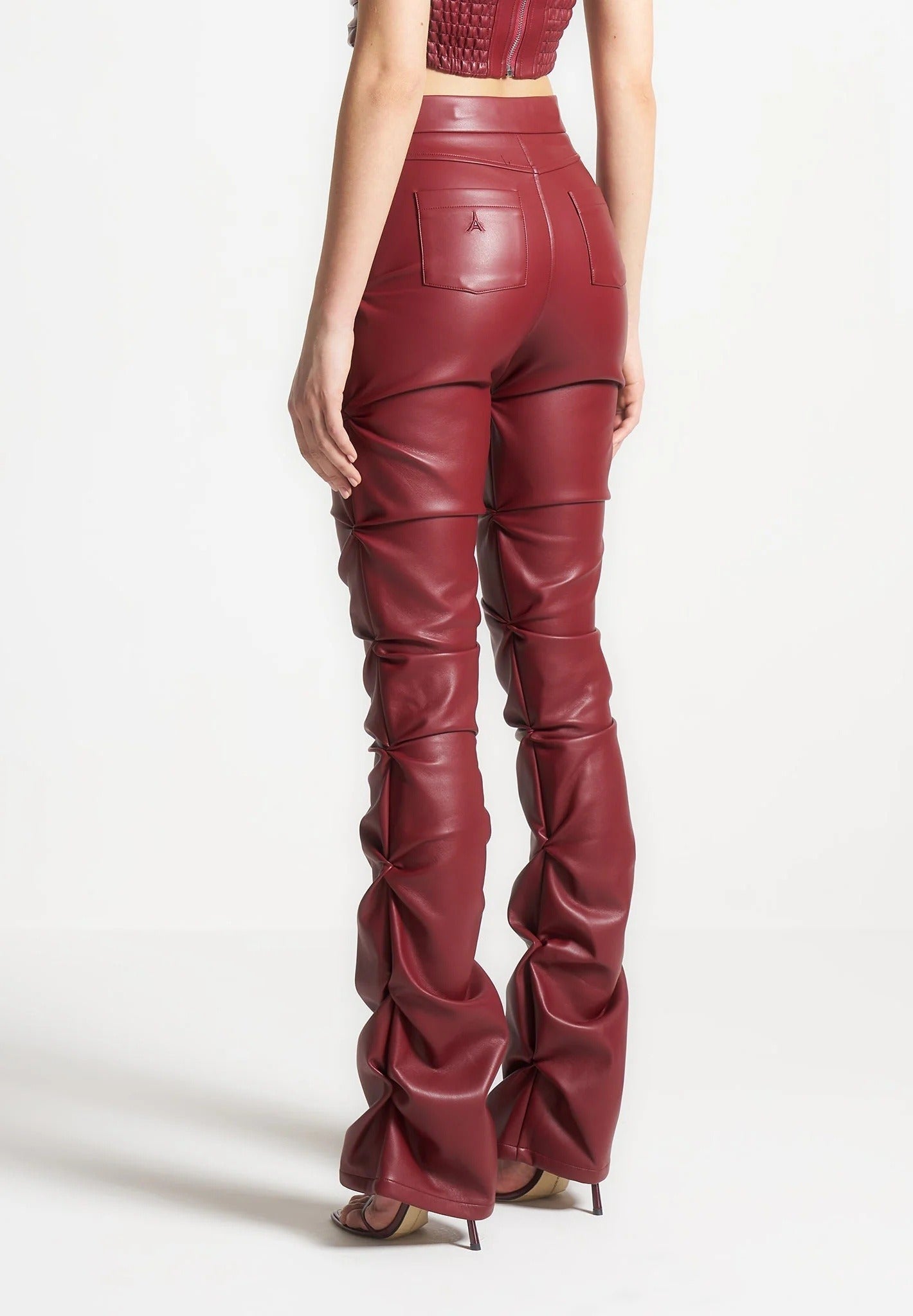 Caroline - Tacked Leather Flared Trousers - Wine Red