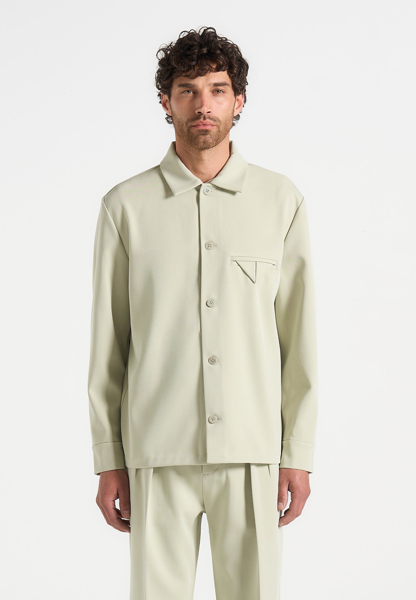 Nils - Hatched Tailored Overshirt - Sage