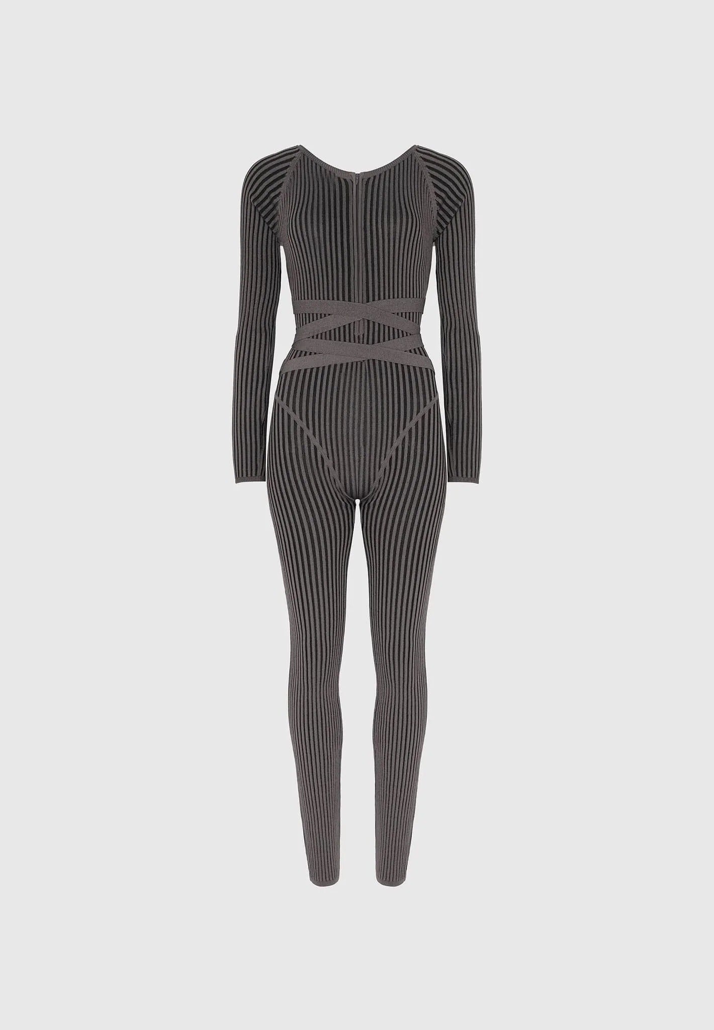 Knitted Two Tone Jumpsuit with Belt - Grey/Black