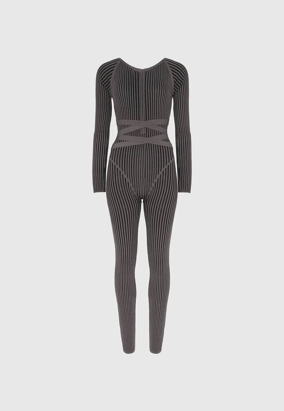 Knitted Two Tone Jumpsuit with Belt - Grey/Black