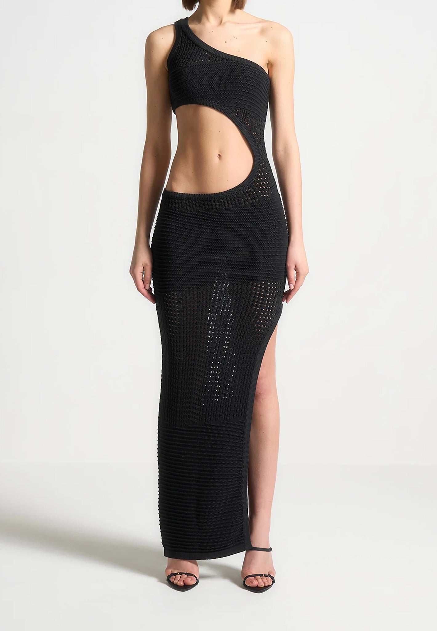 Asymmetric Crochet Knit Cut Out Maxi Dress - Black