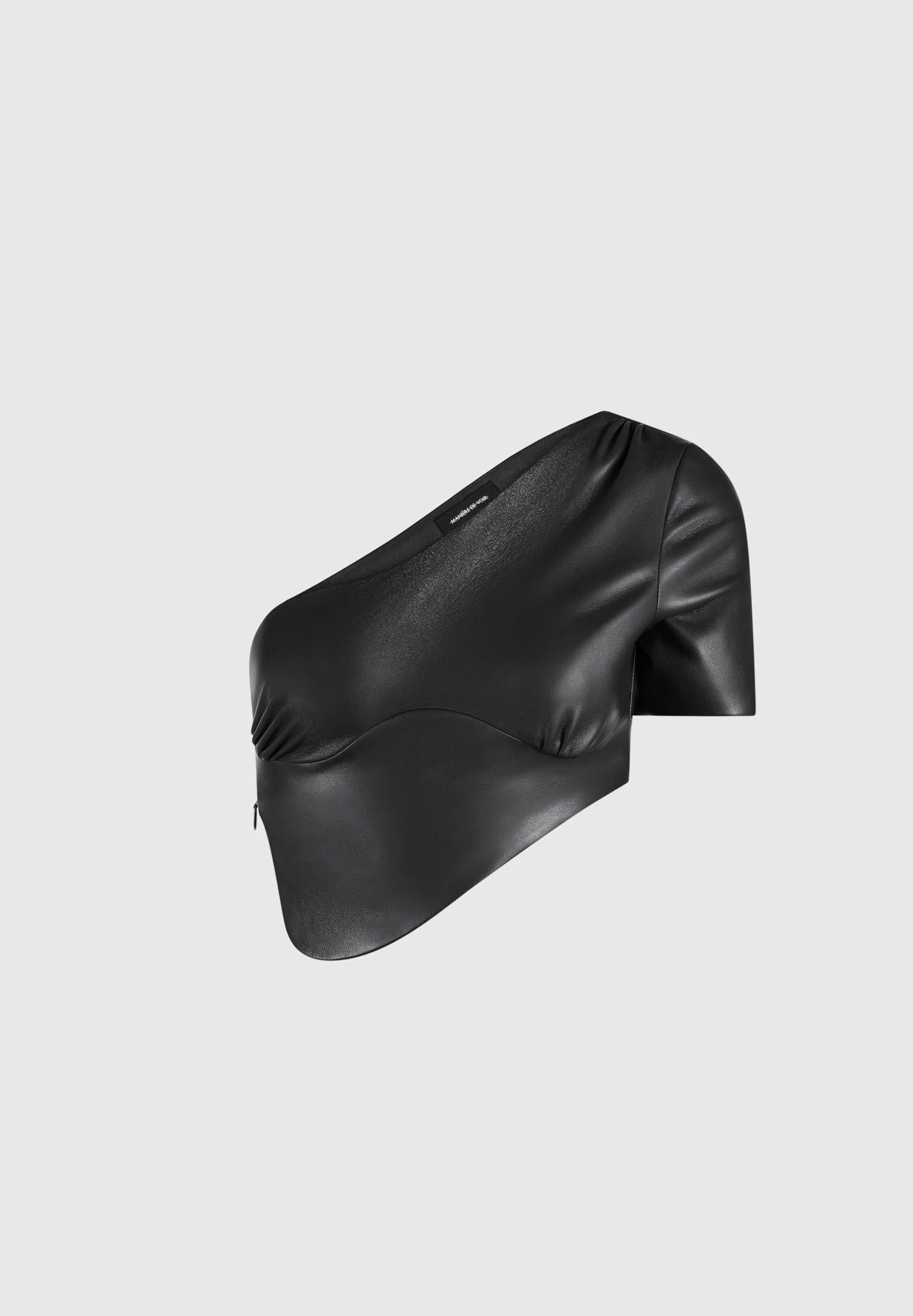 Curved Hem Leather Crop Top - Black