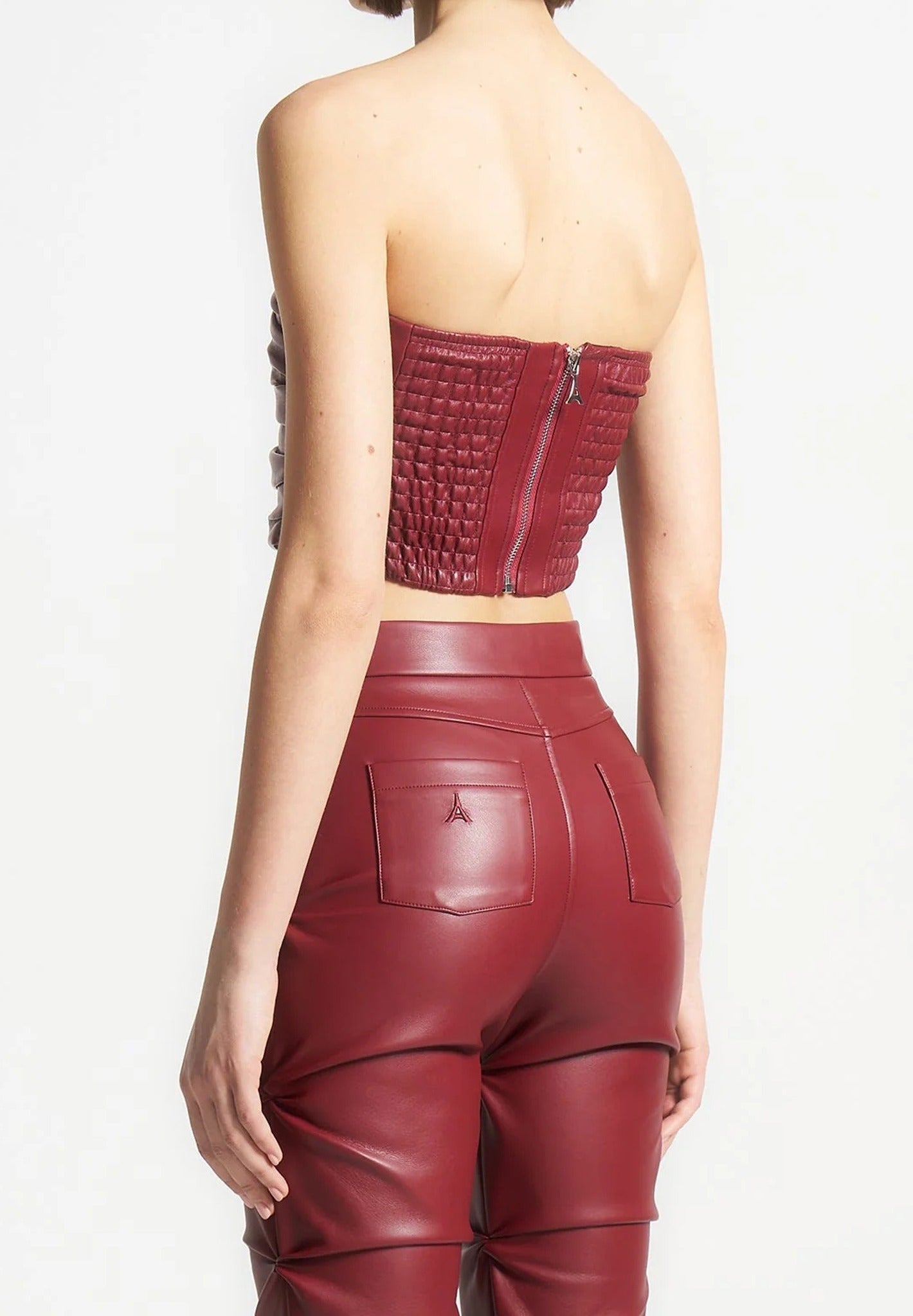 Pleated Bandeau Leather Corset Top - Wine Red