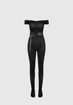 Martine - Pointelle Knit Bardot Jumpsuit with Belt - Black