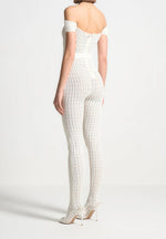 Martine - Pointelle Knit Bardot Jumpsuit with Belt - Cream