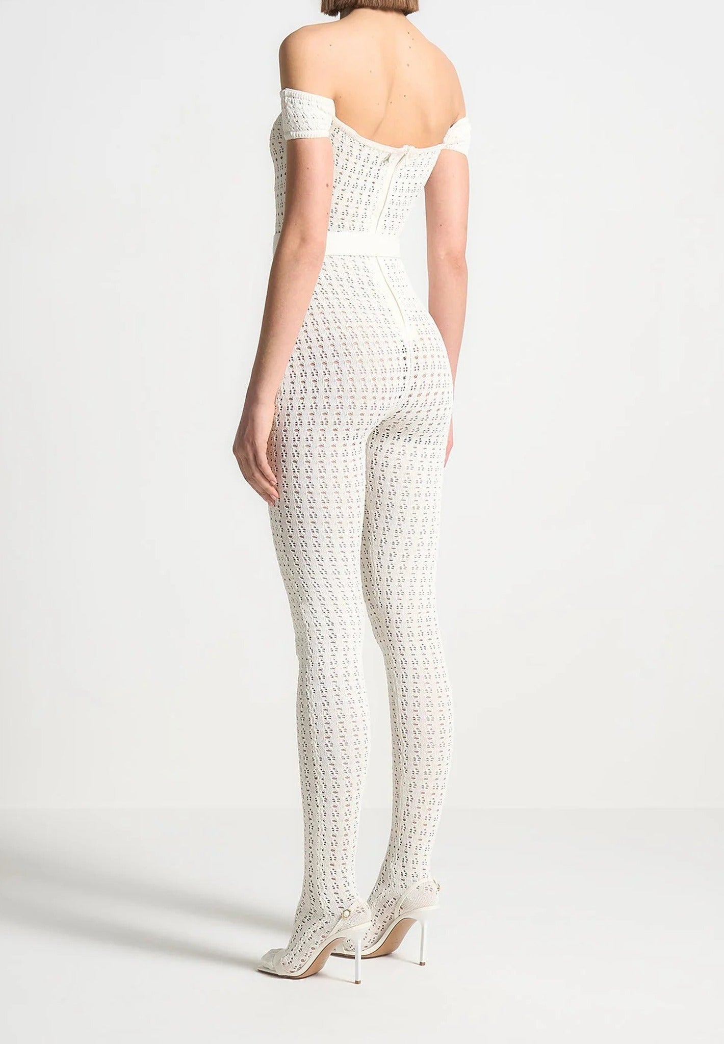 Martine - Pointelle Knit Bardot Jumpsuit with Belt - Cream