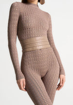 Chantal - Pointelle Knit Long Sleeve Jumpsuit with Belt - Taupe