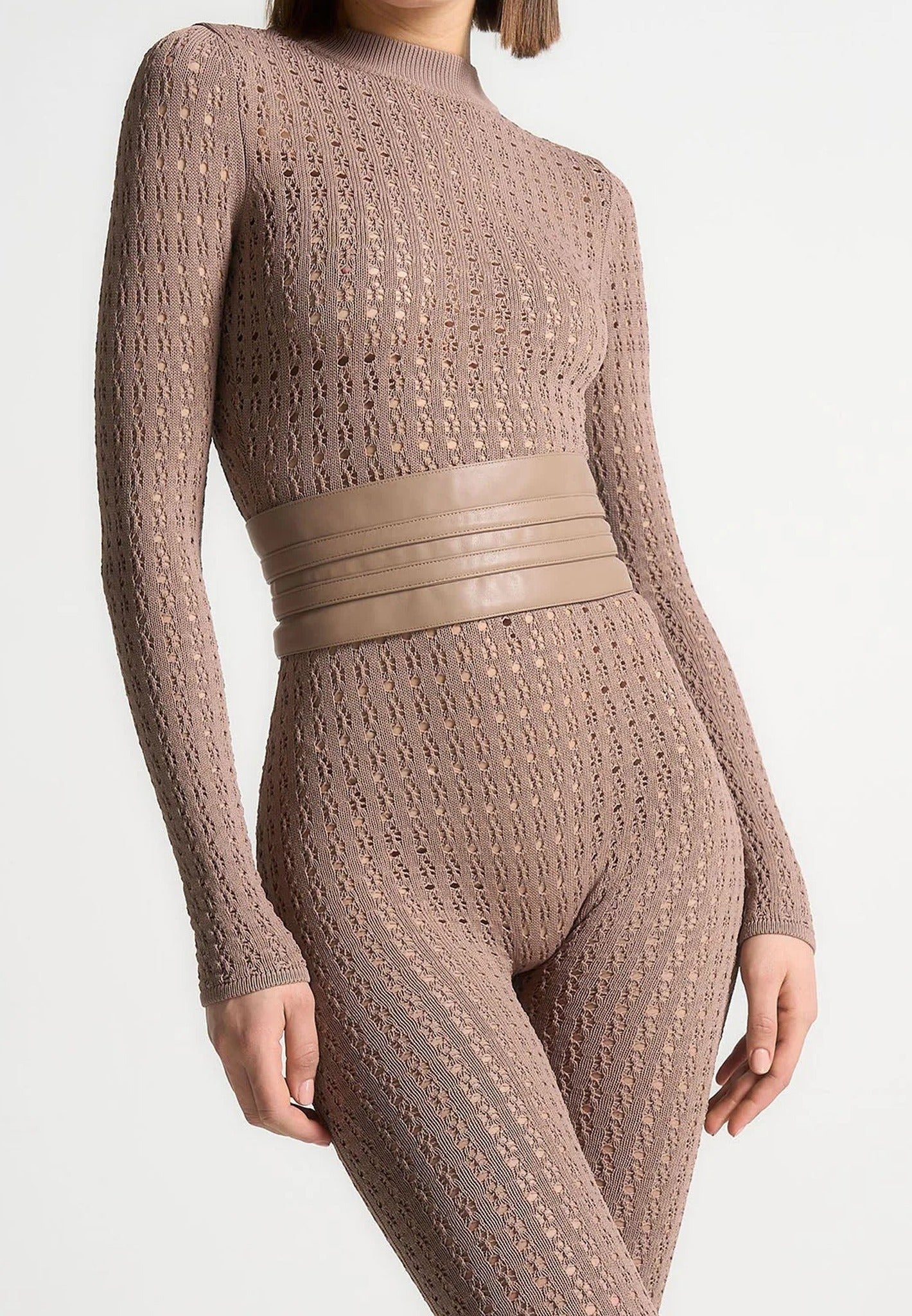 Chantal - Pointelle Knit Long Sleeve Jumpsuit with Belt - Taupe