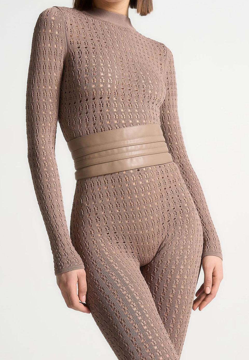 Chantal - Pointelle Knit Long Sleeve Jumpsuit with Belt - Taupe