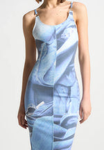 Printed Denim Effect Maxi Dress - Blue