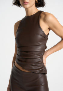 Yolande - Leather Asymmetric Tacked Racer Top - Brown