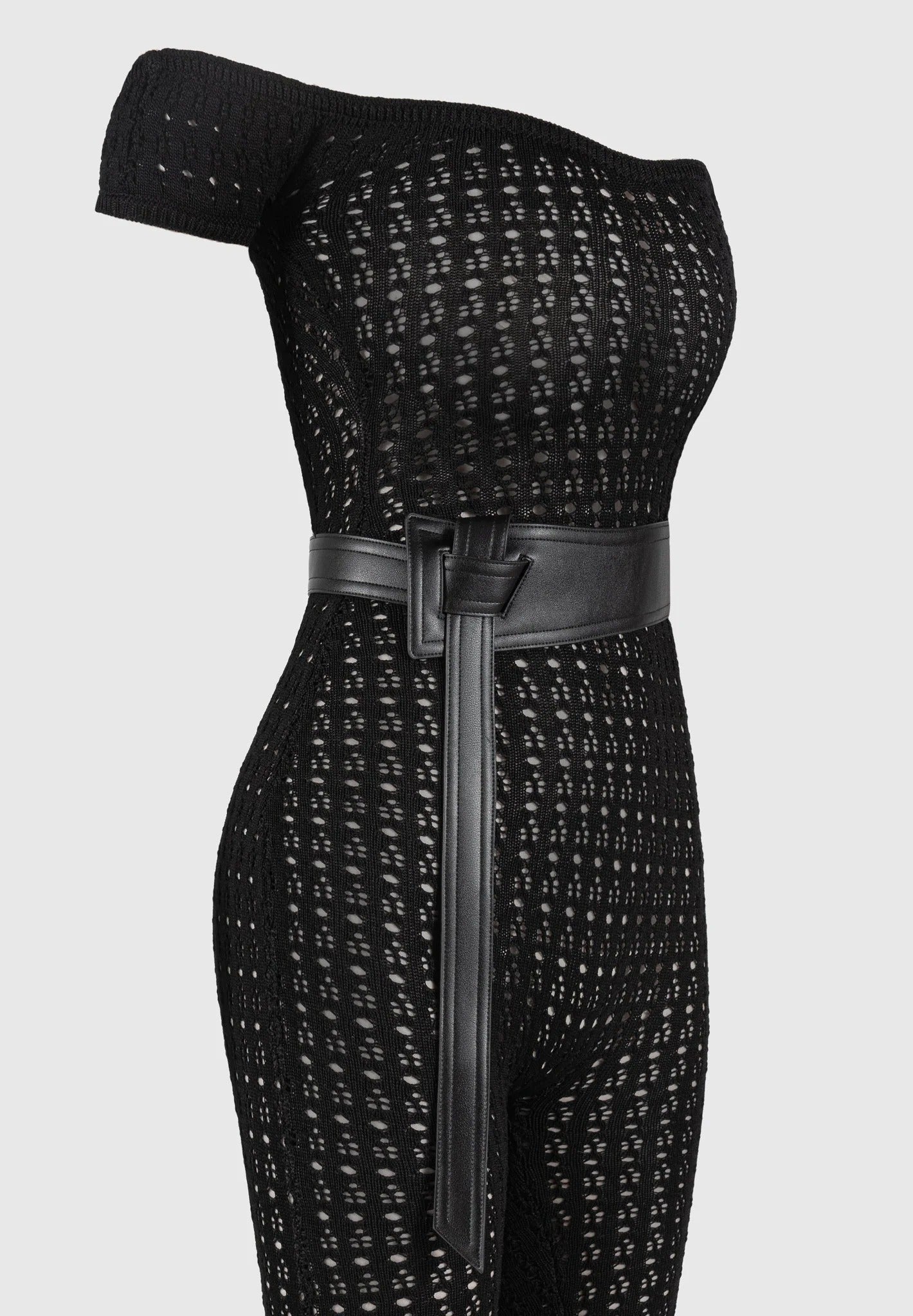 Martine - Pointelle Knit Bardot Jumpsuit with Belt - Black